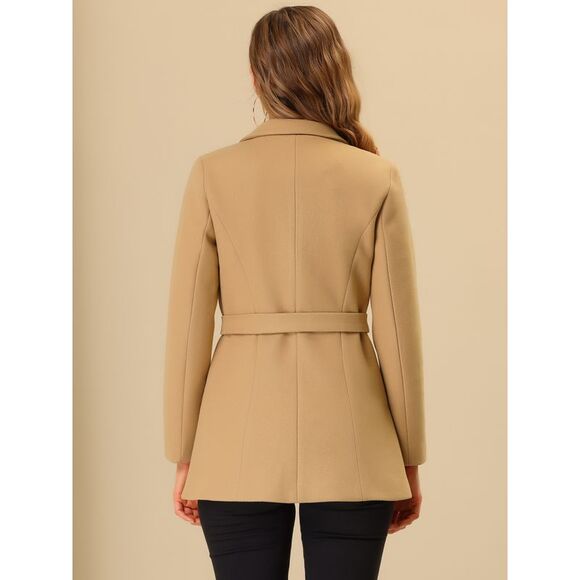 Double Breasted Short Pea Coat Tie Waist Winter Lapel Overcoat with Belt Khaki - Picture 4 of 5